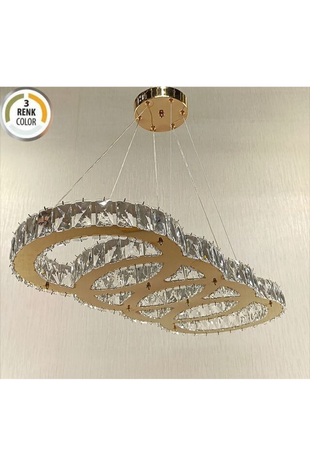 KRİSTAL TAŞLI 4HALKALI 3 RENK GOLD MODERN LED AVİZE