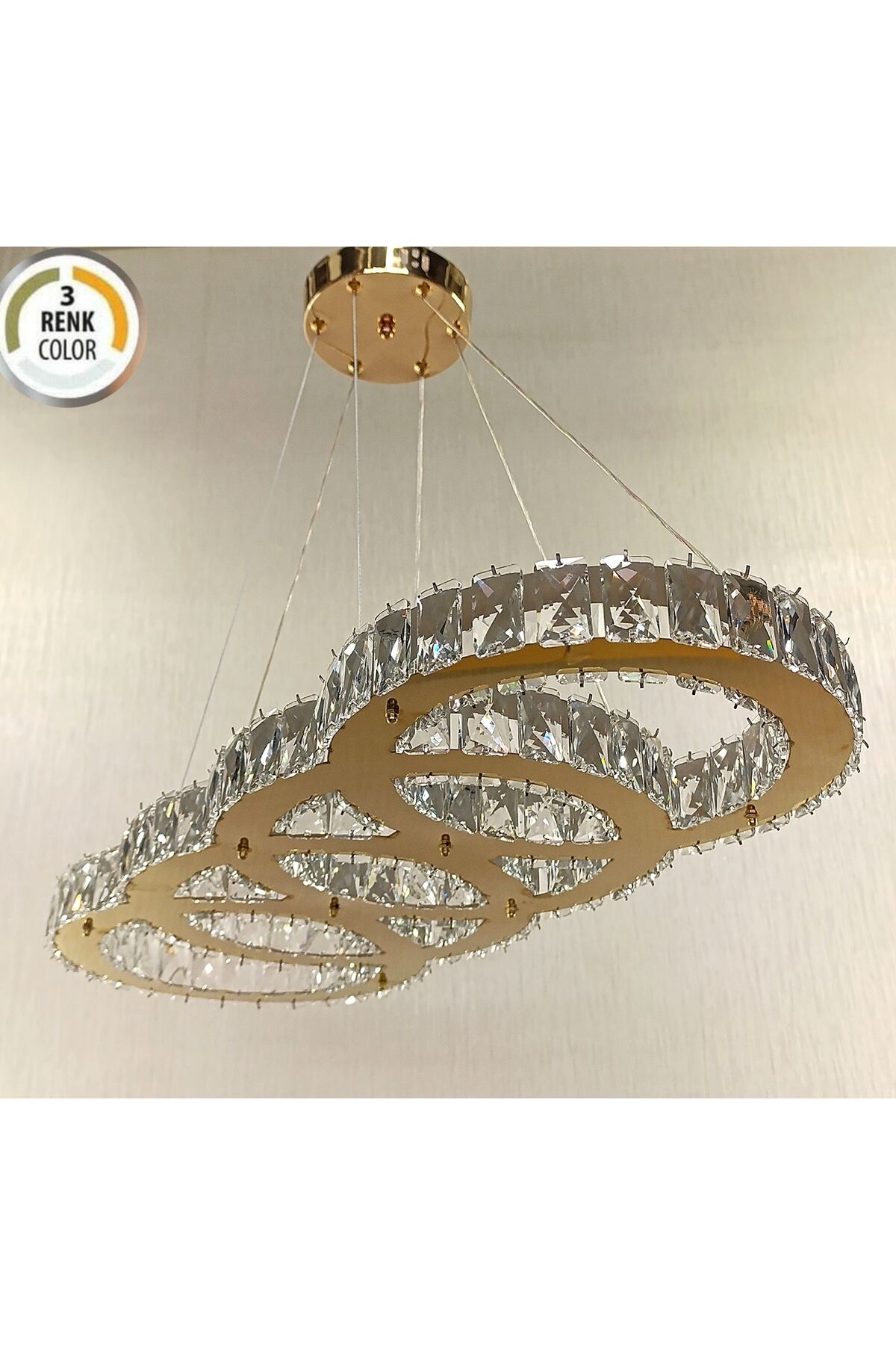KRİSTAL TAŞLI 4HALKALI 3 RENK GOLD MODERN LED AVİZE