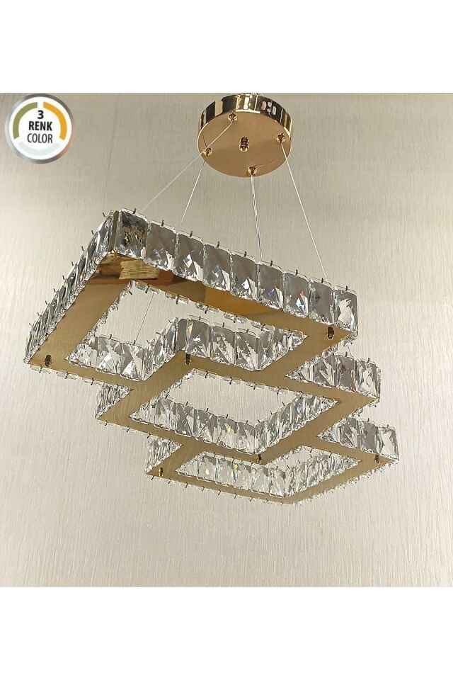 KRİSTAL TAŞLI İÇ KARE 3 RENK GOLD MODERN LED AVİZE