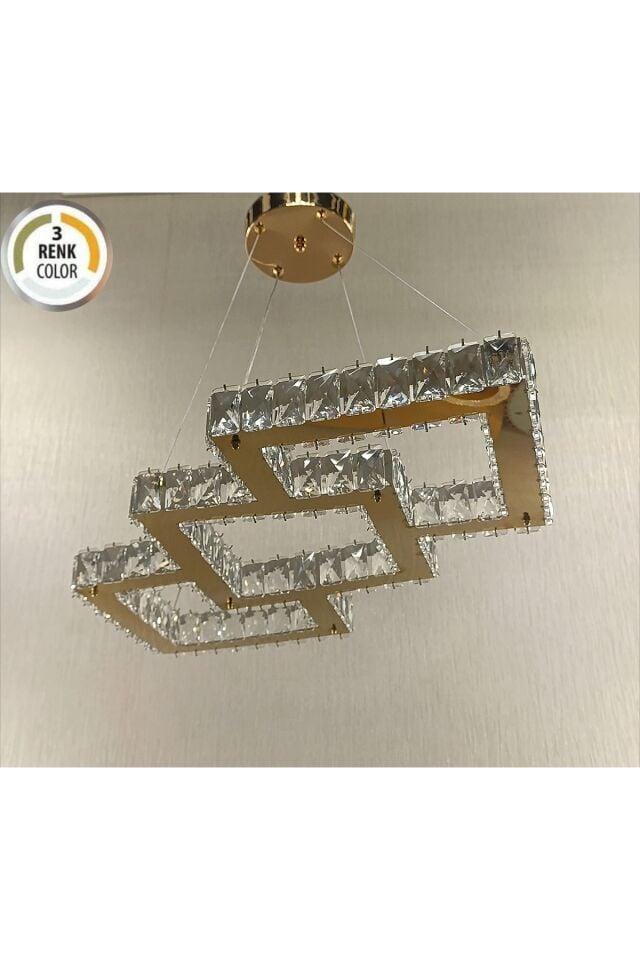 KRİSTAL TAŞLI İÇ KARE 3 RENK GOLD MODERN LED AVİZE