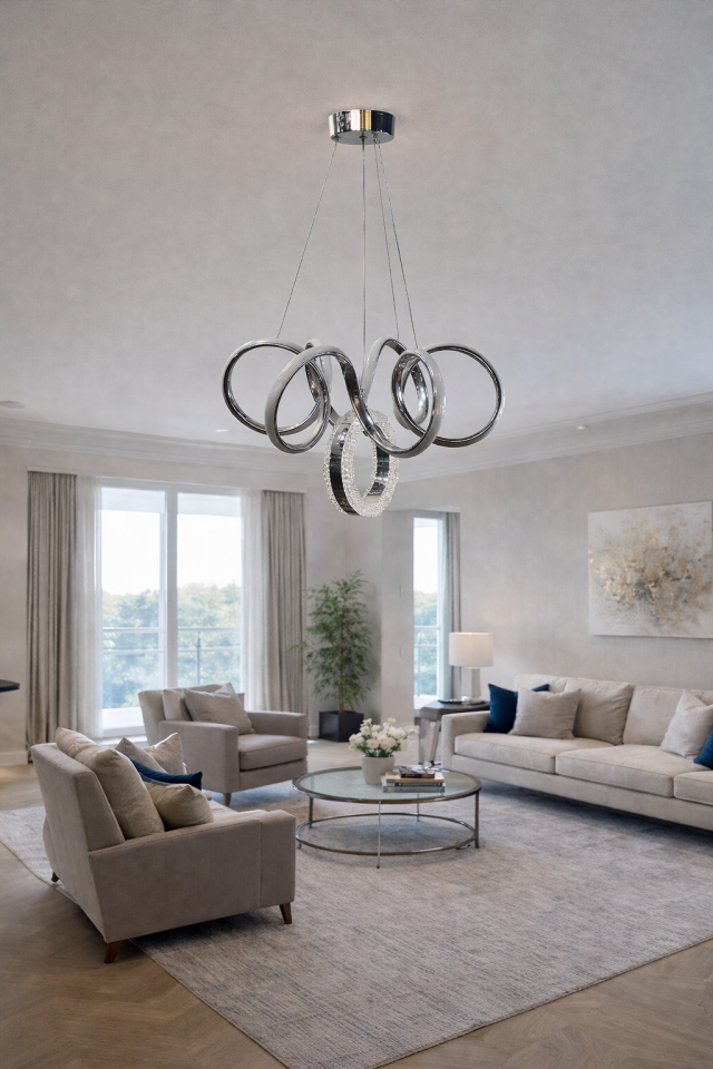 KIVRIMLI MODERN HALKALI LED AVİZE GÜMÜŞ RENK