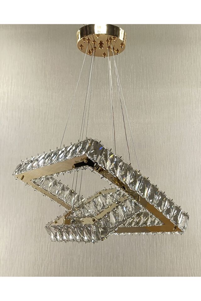 KRİSTAL TAŞLI KARE 2KATLI MODERN 3 RENK GOLD LED AVİZE