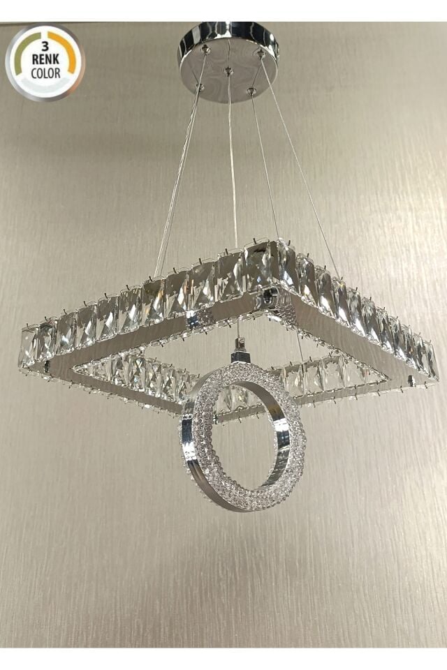 KRİSTAL TAŞLI KARE 35LİK 3 RENK HALKALI MODERN LED AVİZE