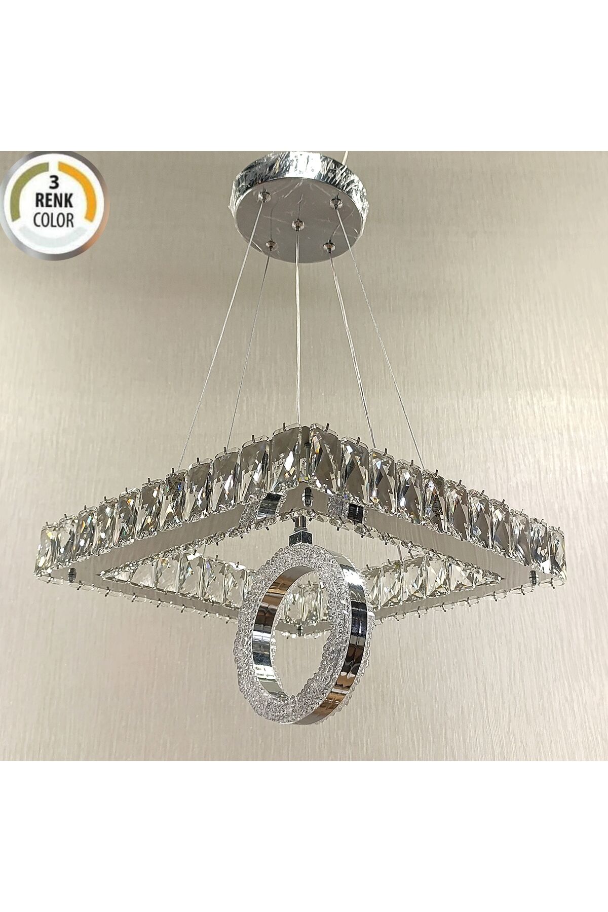 KRİSTAL TAŞLI KARE 35LİK 3 RENK HALKALI MODERN LED AVİZE