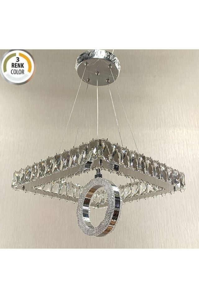KRİSTAL TAŞLI KARE 35LİK 3 RENK HALKALI MODERN LED AVİZE