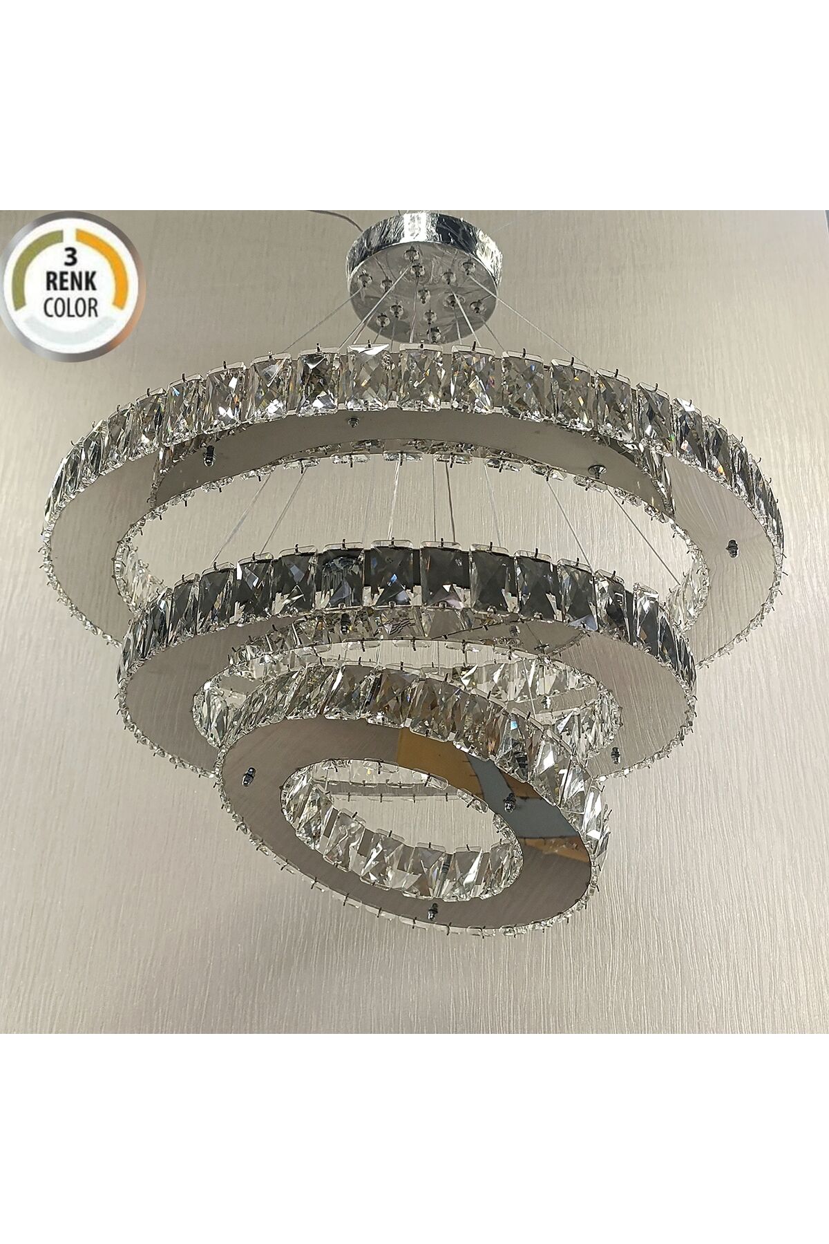 KRİSTAL TAŞLI 3LÜ DAİRE 3RENK MODERN LED AVİZE
