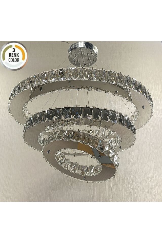 KRİSTAL TAŞLI 3LÜ DAİRE 3RENK MODERN LED AVİZE