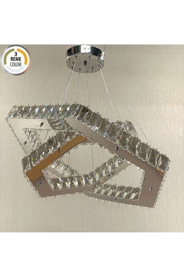 KRİSTAL TAŞLI 2Lİ ALTIGEN 3 RENK MODERN LED AVİZE