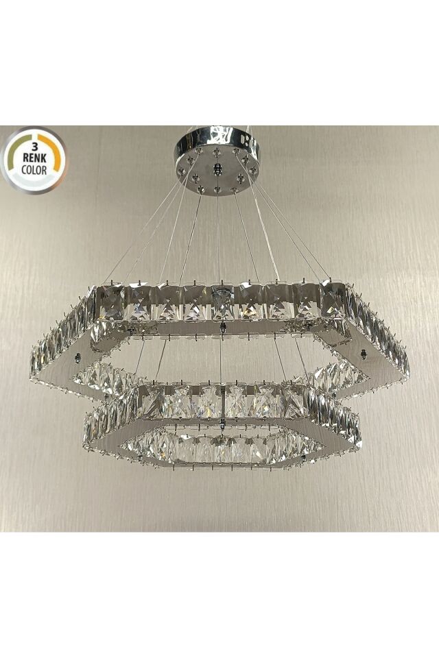 KRİSTAL TAŞLI 2Lİ ALTIGEN 3 RENK MODERN LED AVİZE