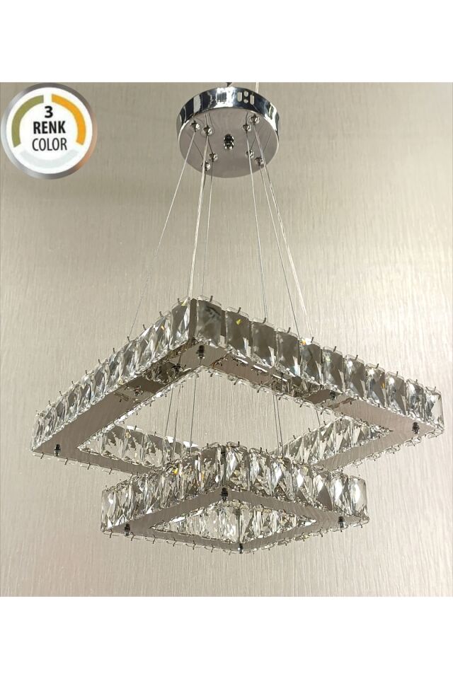 KRİSTAL TAŞLI 3 RENK ÇİFT KATLI MODERN LED AVİZE