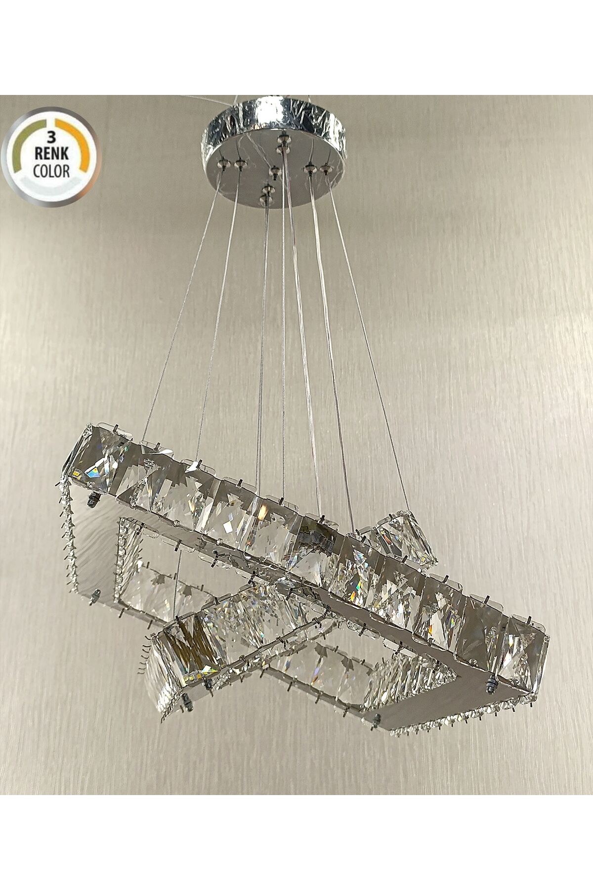 KRİSTAL TAŞLI 3 RENK ÇİFT KATLI MODERN LED AVİZE