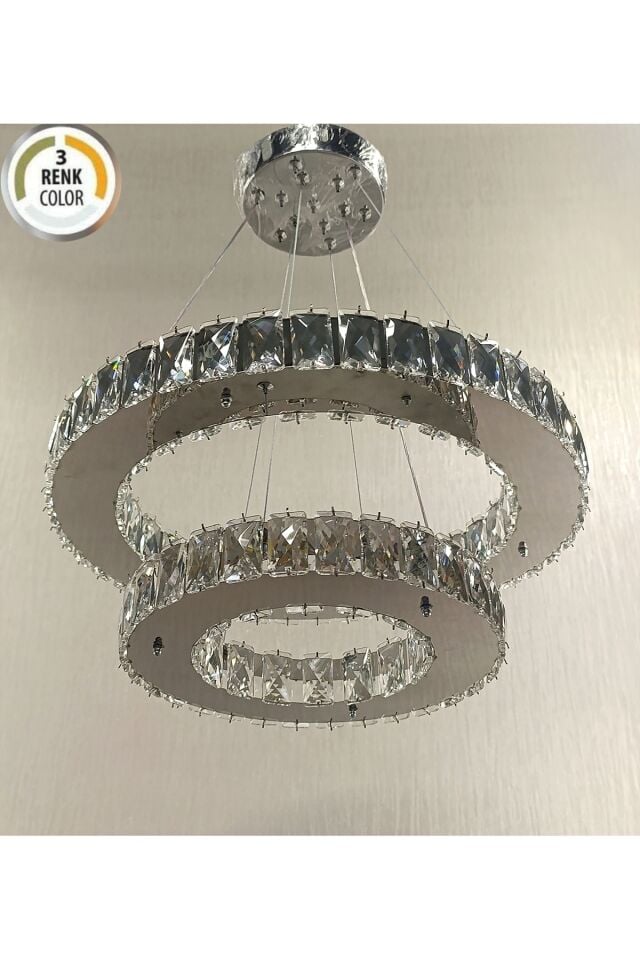 KRİSTAL TAŞLI 2Lİ HALKA 3 RENK MODERN LED AVİZE