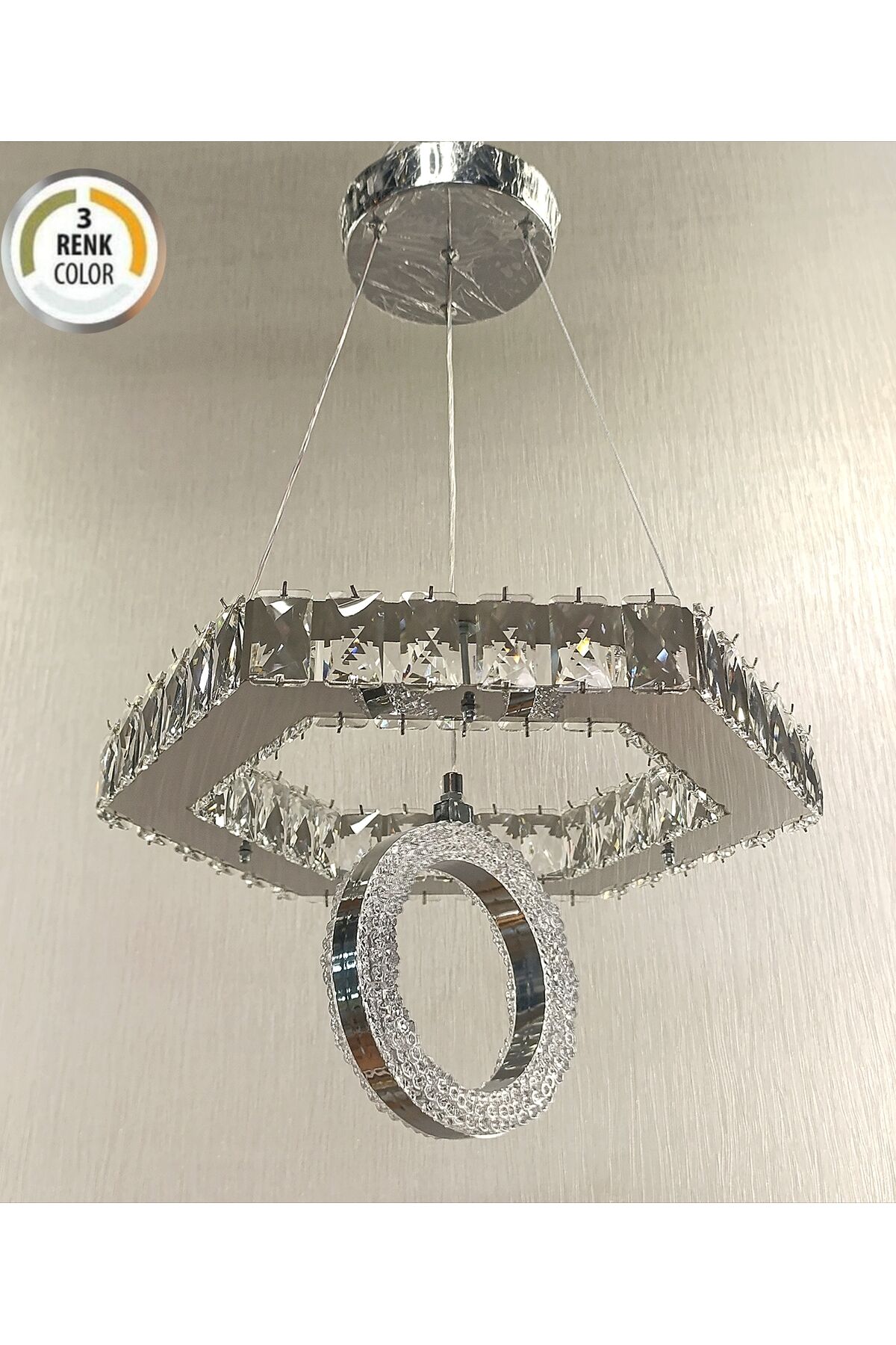 KRİSTAL TAŞLI ALTIGEN 40LIK HALKALI 3RENK MODERN LED AVİZE