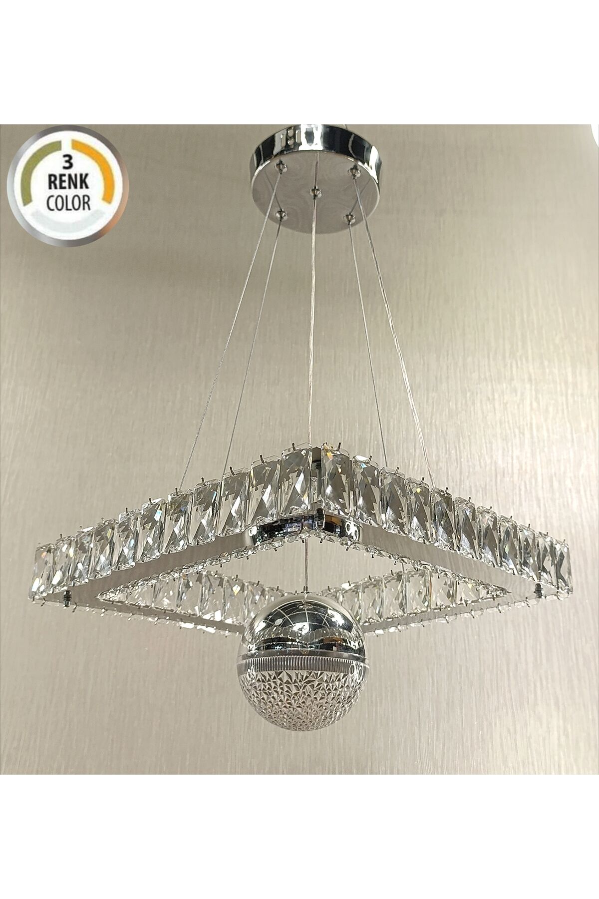 KRİSTAL TAŞLI KARE 35LİK ŞEKER TOPLU 3 RENK MODERN LED AVİZE