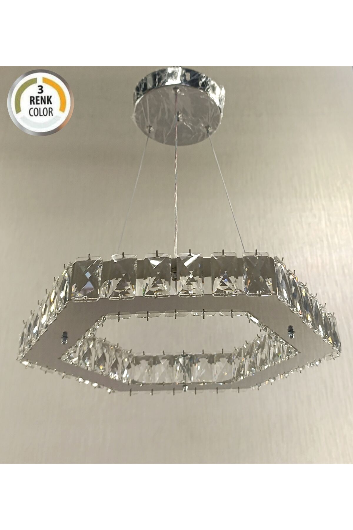 KRİSTAL TAŞLI ALTIGEN 40lık 3 RENK MODERN LED AVİZE