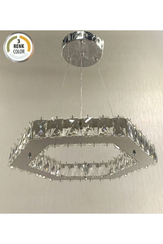 KRİSTAL TAŞLI ALTIGEN 40lık 3 RENK MODERN LED AVİZE