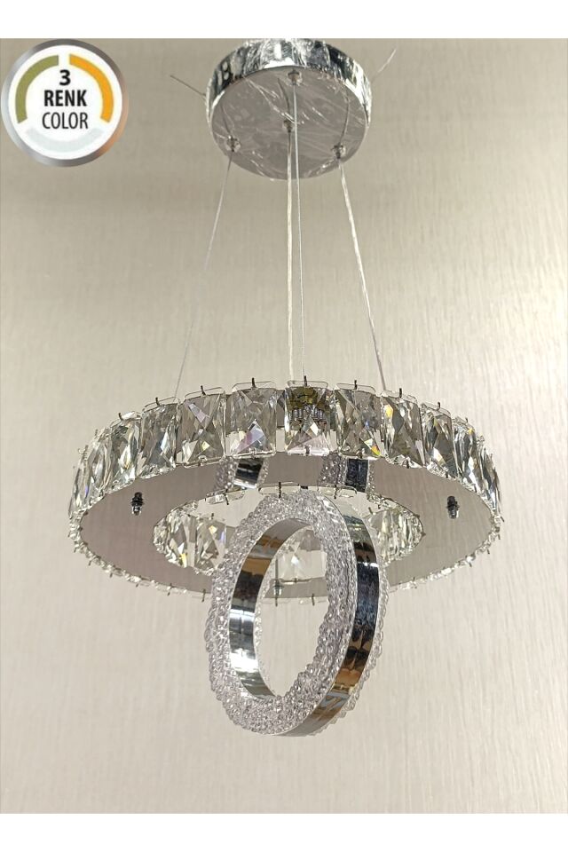 KRİSTAL TAŞLI 30LUK 3 RENK HALKALI MODERN LED AVİZE