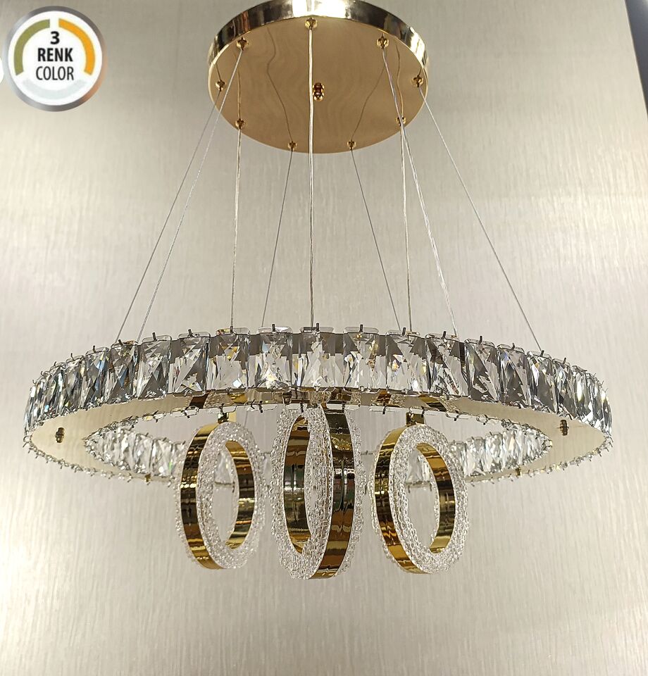 60LIK DAİRE 3 HALKALI GOLD KRİSTAL LED AVİZE