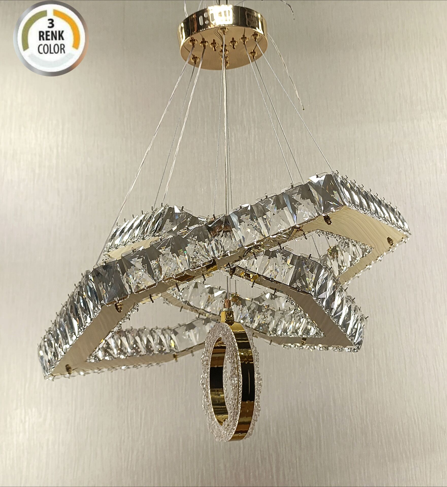 2KATLI ALTIGEN HALKALI KRİSTAL LED AVİZE