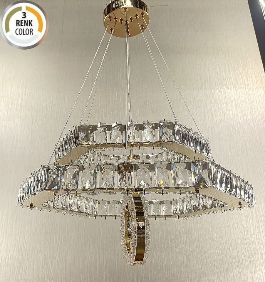 2KATLI ALTIGEN HALKALI KRİSTAL LED AVİZE