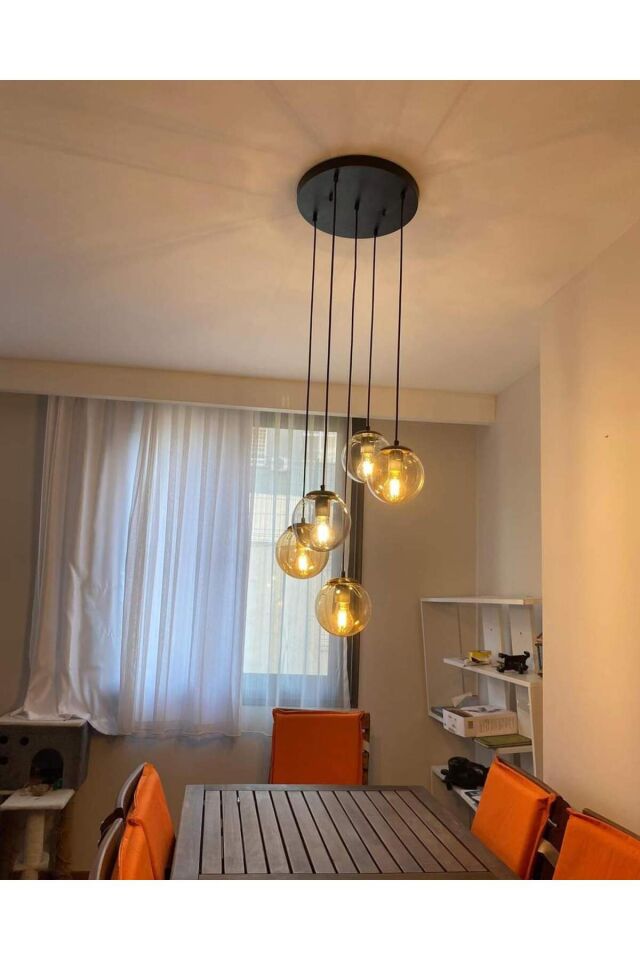 GLOP CAMLI 5Lİ SARKIT İPEK SİYAH MODERN AVİZE