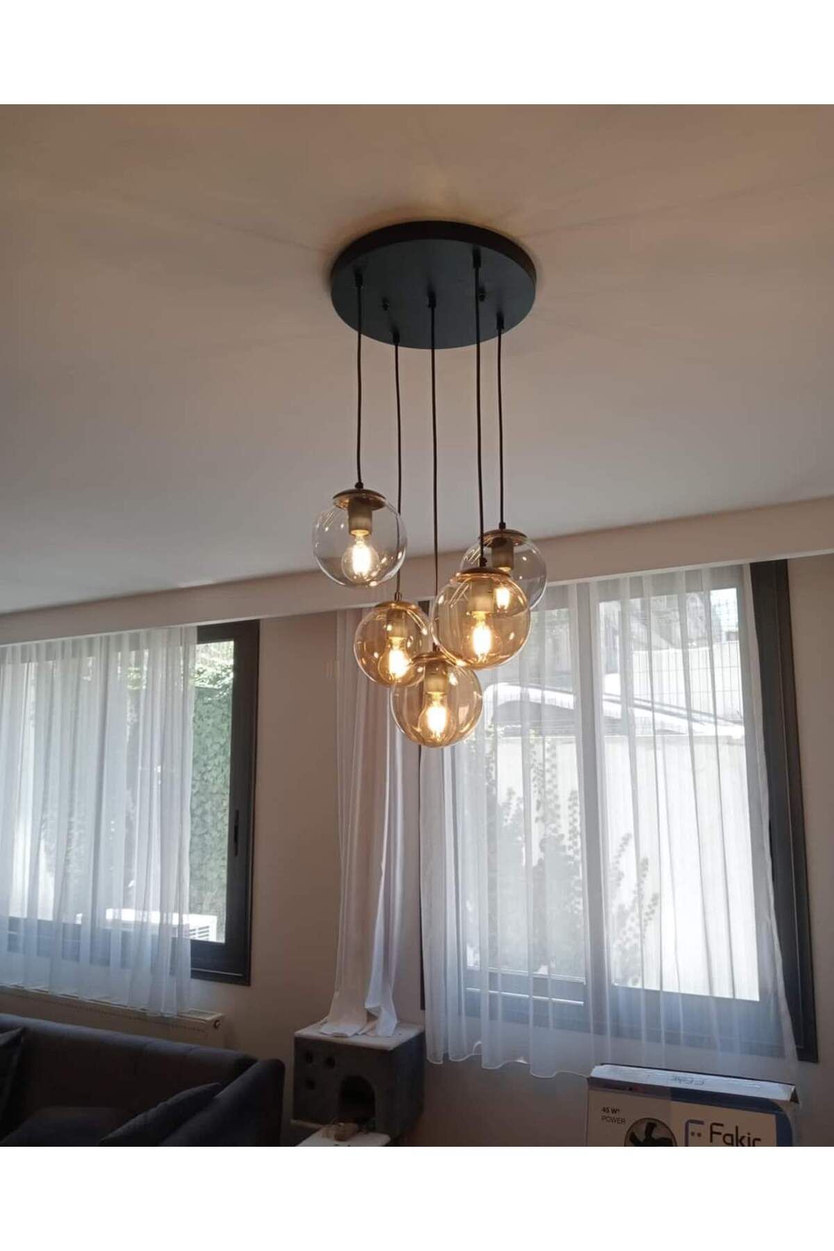 GLOP CAMLI 5Lİ SARKIT İPEK SİYAH MODERN AVİZE