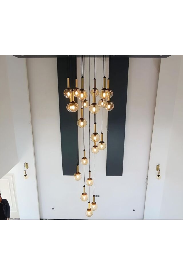 1000LİK TEPSİ 30 CAMLI STATİK GOLD SÜSLEMELİ GALERİ BOŞLUĞU MODERN AVİZE