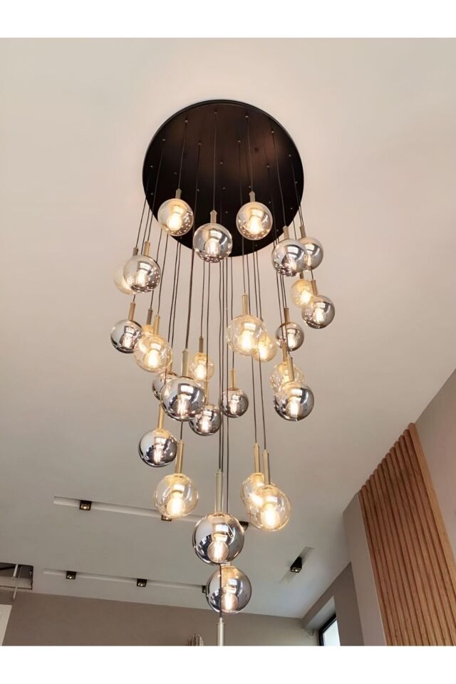 1000LİK TEPSİ 30 CAMLI KROM KOL SÜSLEMELİ GALERİ BOŞLUĞU SARKIT AVİZE