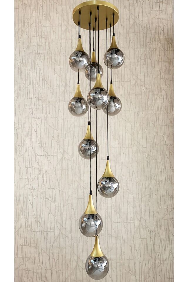 10 Füme Camlı Uzun Hunili Modern Sarkıt Avize