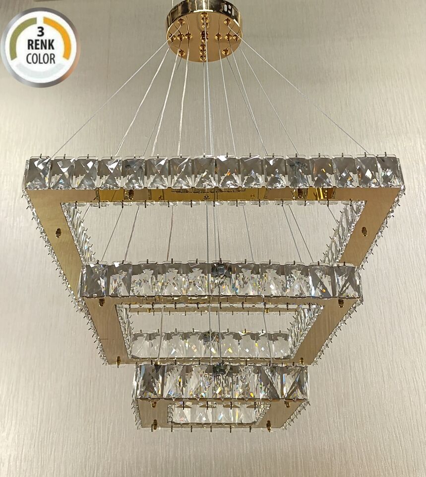 3 KATLI KARE GOLD  KRİSTAL  LED AVİZE