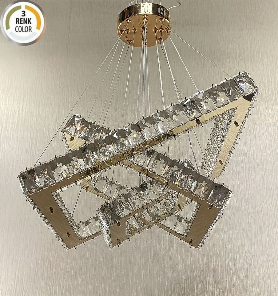 3 KATLI KARE GOLD  KRİSTAL  LED AVİZE