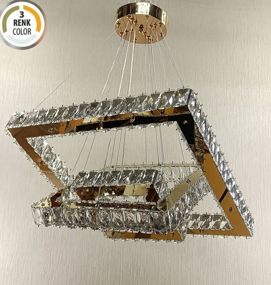 3 KATLI KARE GOLD  KRİSTAL  LED AVİZE