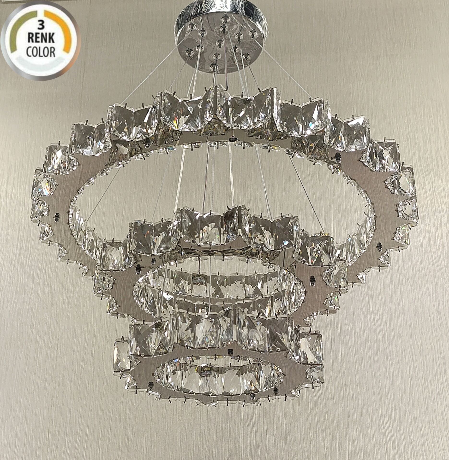 3KATLI YILDIZ HALKA KROM KRİSTAL LED AVİZE