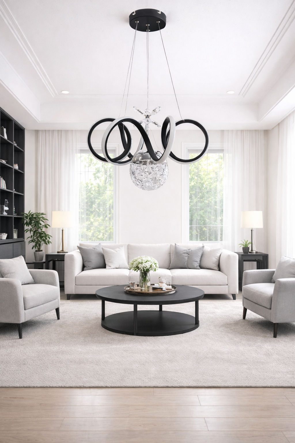 KIVRIMLI MODERN TOPLU LED AVİZE SİYAH KASA