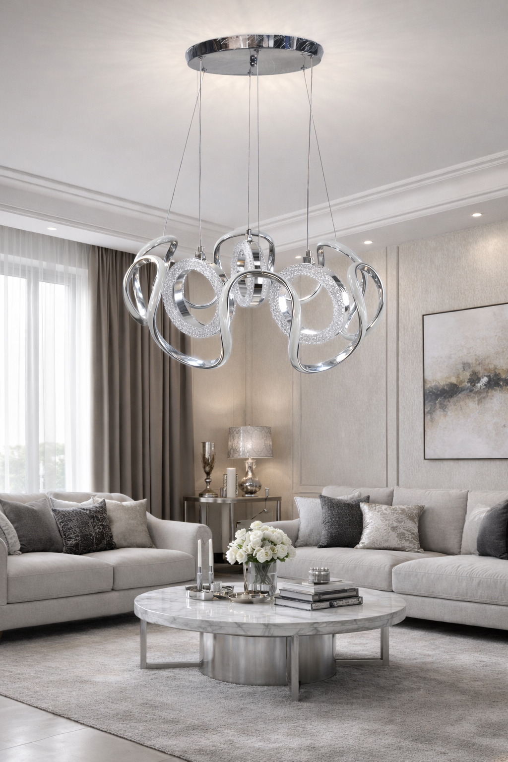 MODERN 3 HALKALI LED AVİZE KROM RENK