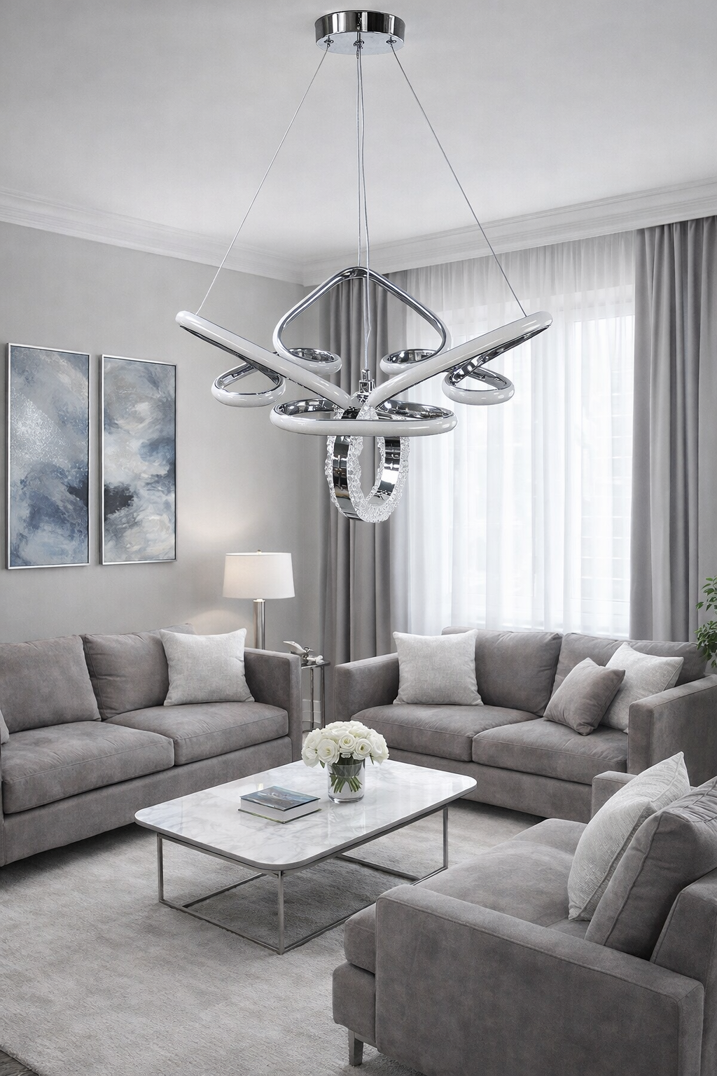 MODERN TAÇ MODEL HALKALI LED AVİZE KROM RENK