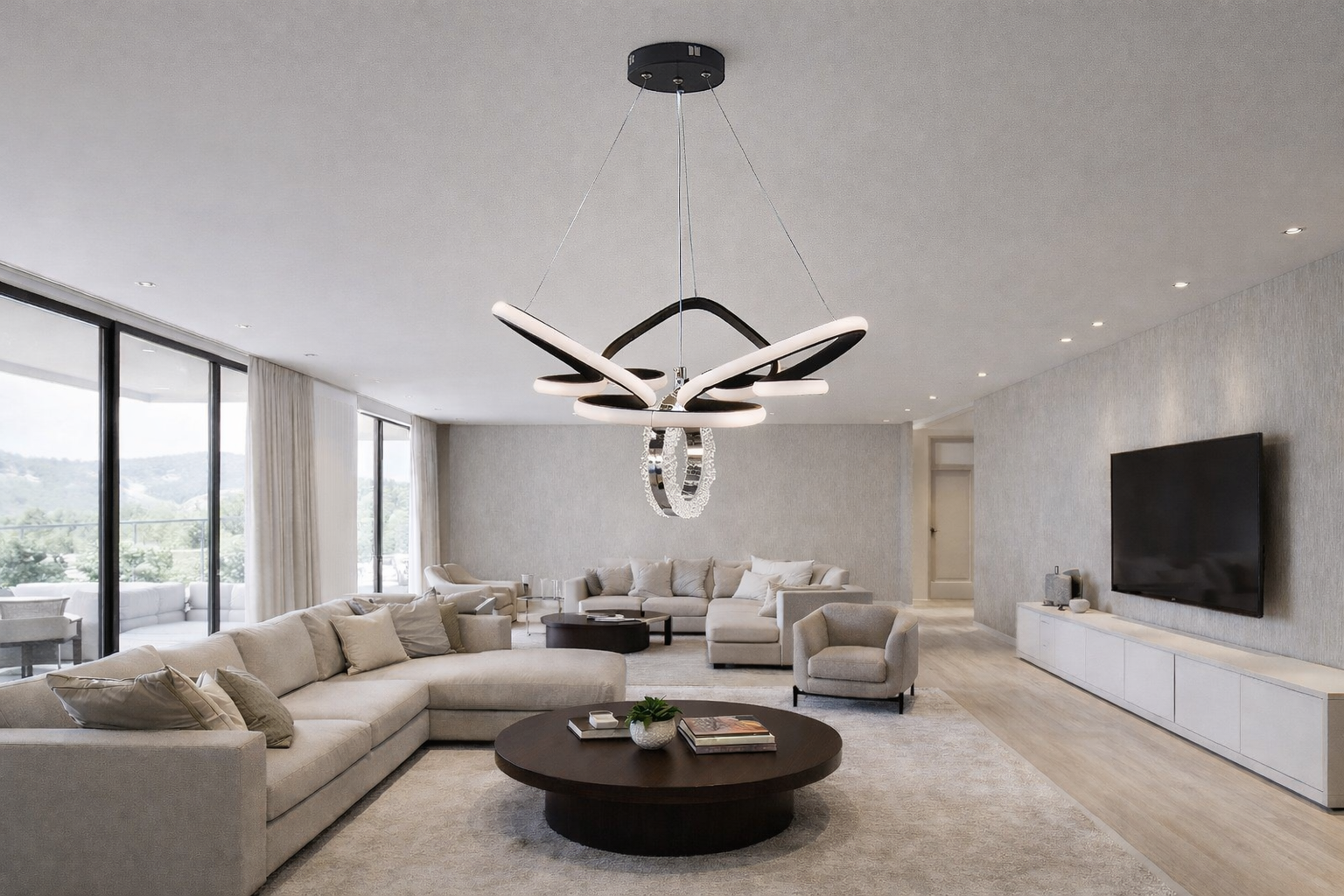 MODERN TAÇ MODEL HALKALI LED AVİZE SİYAH RENK