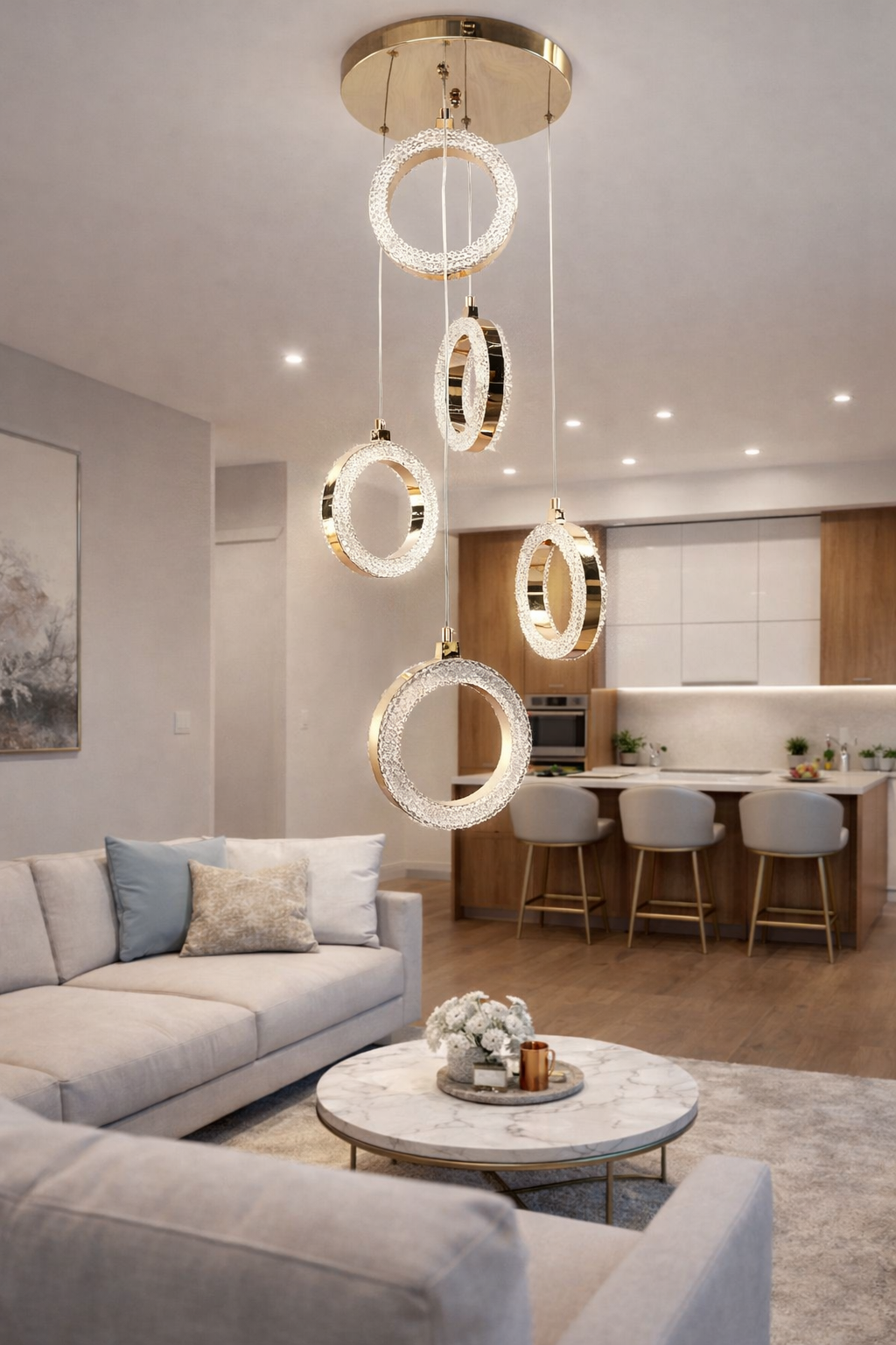 MODERN İTHAL 5 Lİ HALKA SARKIT AVİZE GOLD RENK