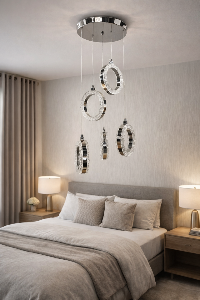 MODERN İTHAL 5 Lİ HALKA SARKIT AVİZE KROM RENK