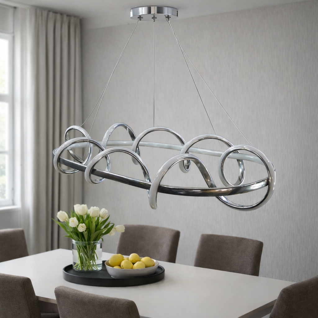 MODERN YEMEK MASASI LED AVİZE KROM RENK