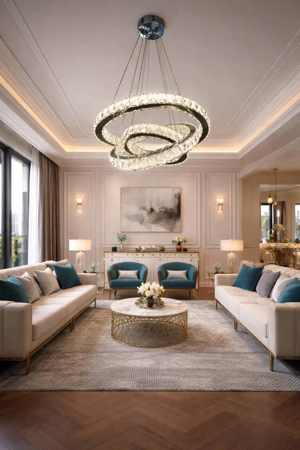 KRİSTAL TAŞLI 3 KATLI HALKA  LED AVİZE GÜMÜŞ RENK