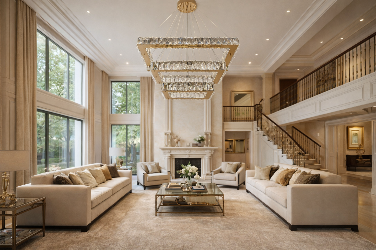 KRİSTAL TAŞLI 3 KATLI KARE MODEL LED AVİZE GOLD RENK