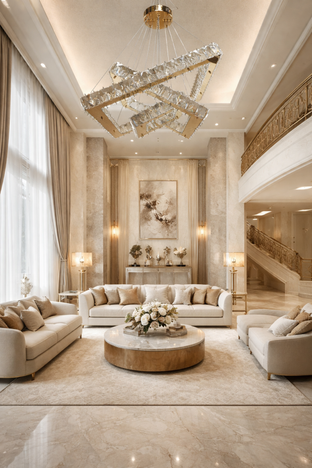 KRİSTAL TAŞLI 3 KATLI KARE MODEL LED AVİZE GOLD RENK