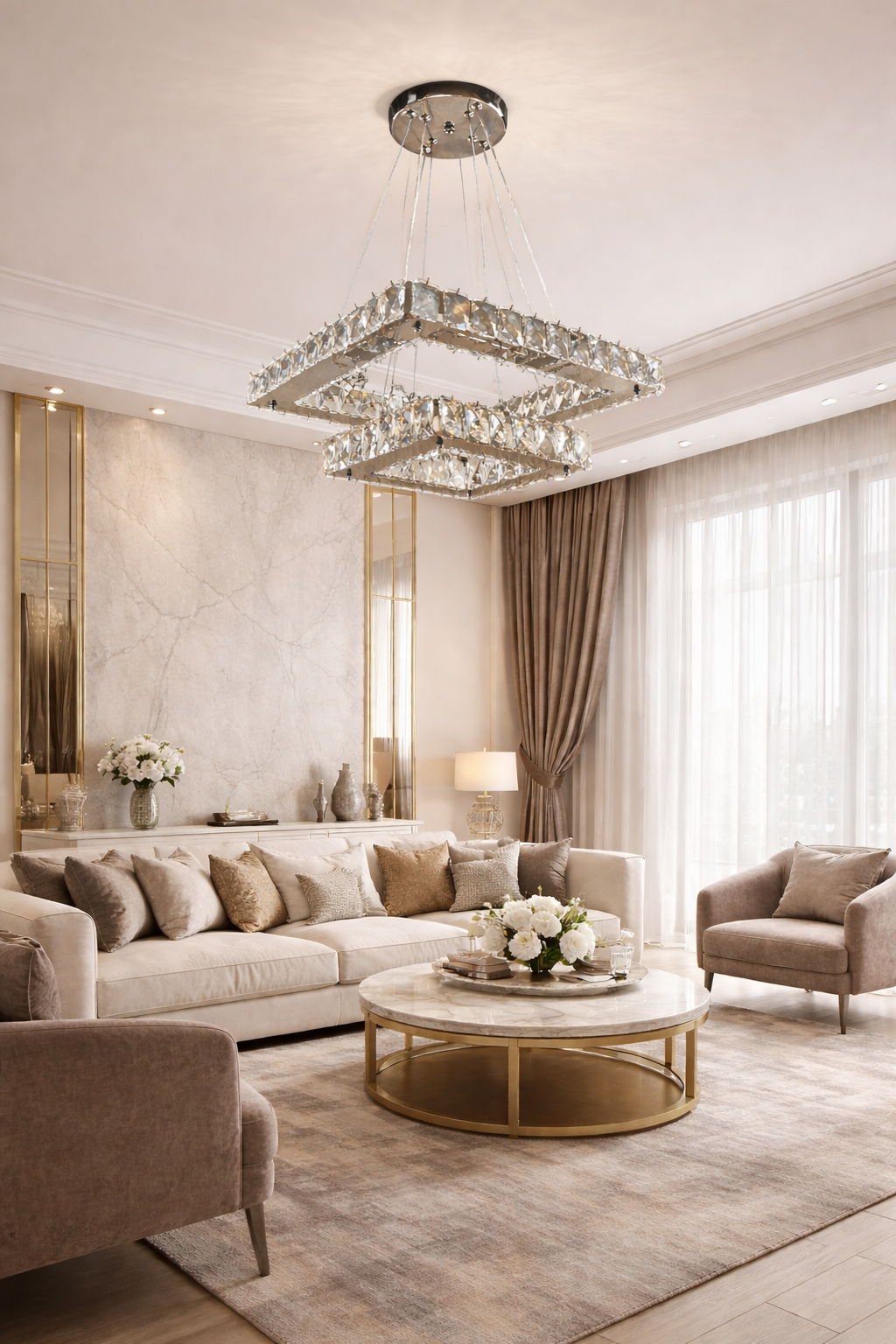 KRİSTAL TAŞLI LEDLİ 2 KATLI KARE AVİZE GÜMÜŞ RENK