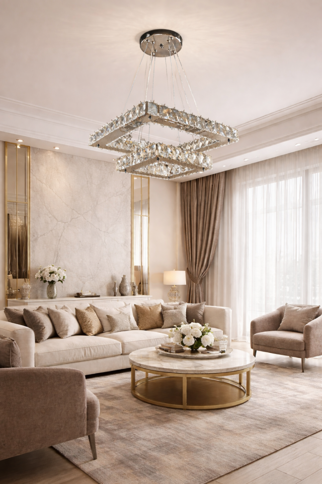 KRİSTAL TAŞLI LEDLİ 2 KATLI KARE AVİZE GÜMÜŞ RENK