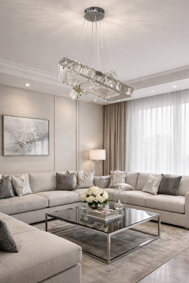 KRİSTAL TAŞLI LEDLİ 2 KATLI KARE AVİZE GÜMÜŞ RENK