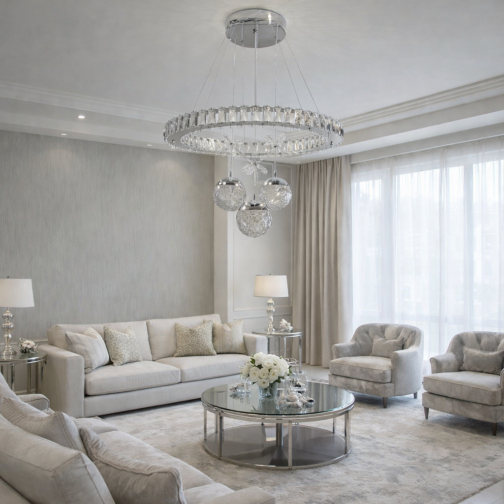 KRİSTAL TAŞLI 3 TOPLU LED AVİZE GÜMÜŞ RENK