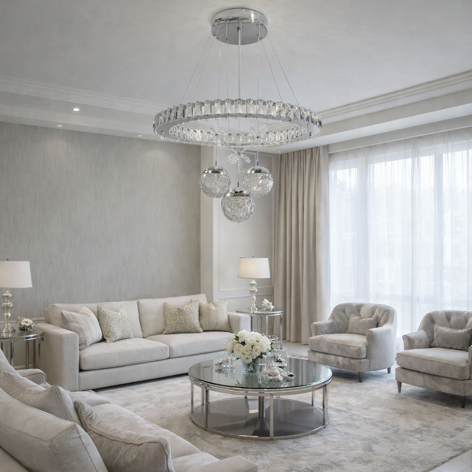 KRİSTAL TAŞLI 3 TOPLU LED AVİZE GÜMÜŞ RENK