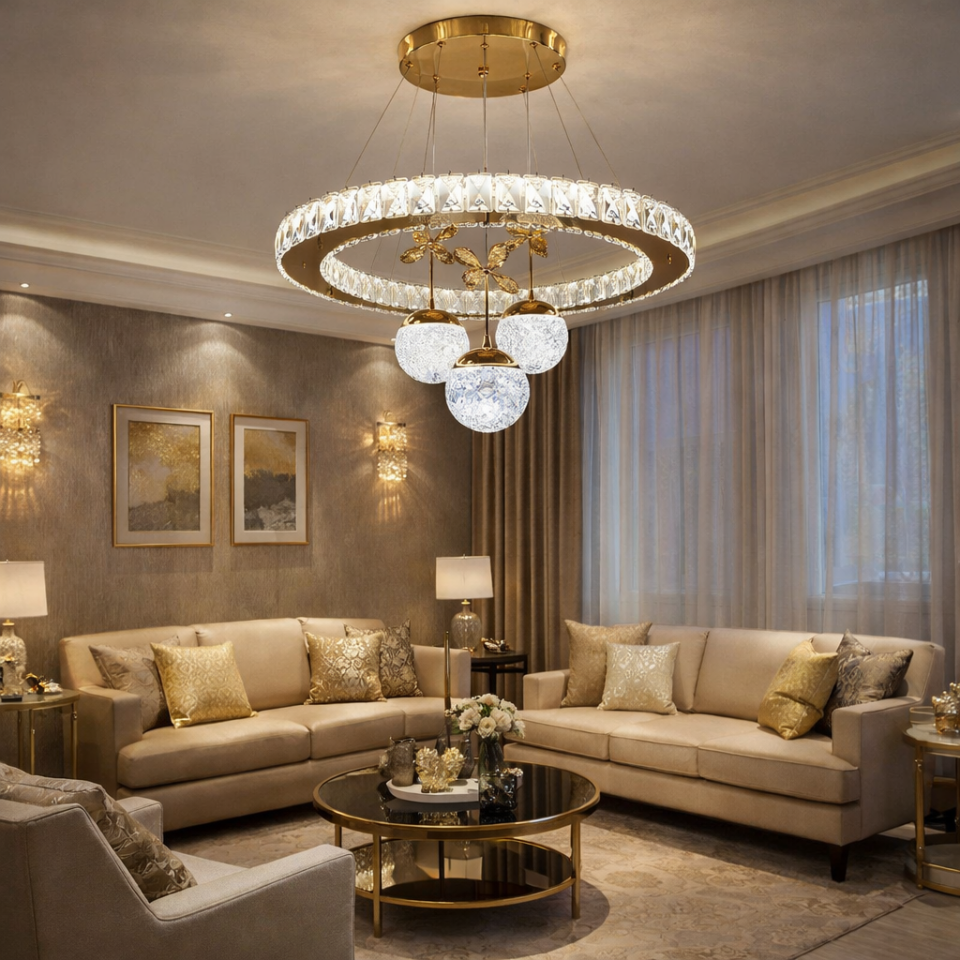 KRİSTAL TAŞLI 3 TOPLU LED AVİZE GOLD RENK