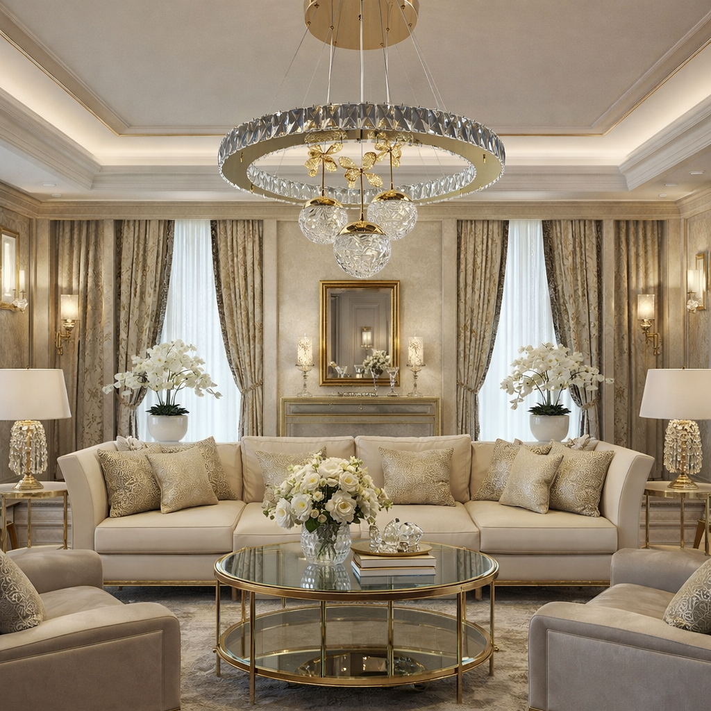 KRİSTAL TAŞLI 3 TOPLU LED AVİZE GOLD RENK